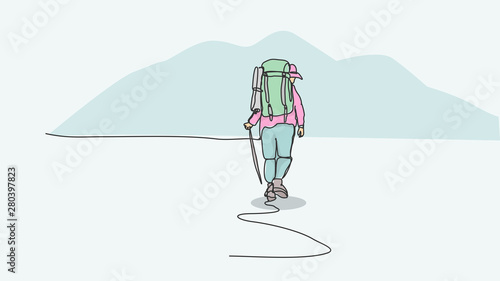 Walking adventurer with big backpak carrier ravel Lifestyle hiking adventure concept summer vacations outdoor exploring single line bad drawing with water color efect flat style illustration