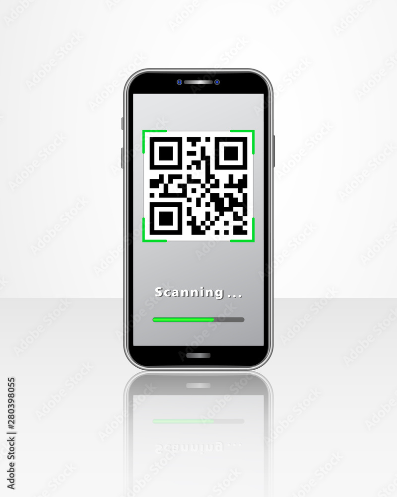 Scanning QR code using smartphone isolated on white glossy table. Online shopping, mobile app, cashless payment technology concept Scanning QR code using smartphone isolated on white glossy table. Online shopping, mobile app, cashless payment technology concept