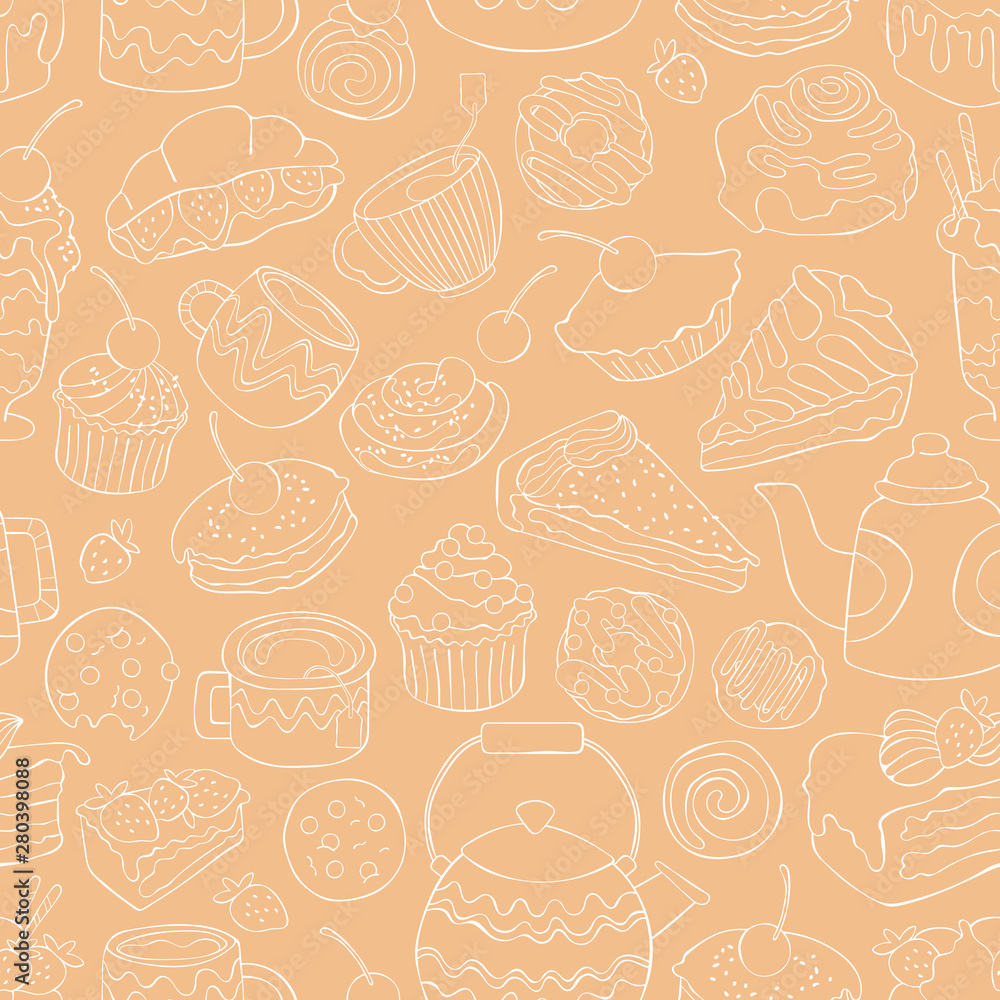 Baking and hot drinks. Coffee and tea. Sweets and desserts. Seamless vector background (pattern, print).