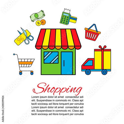 Shopping vector illustration of delivery car with shopping items, credit cards and discount coupons, basket supermarket or shop and mobile payments. Webpage for shopman and small business.