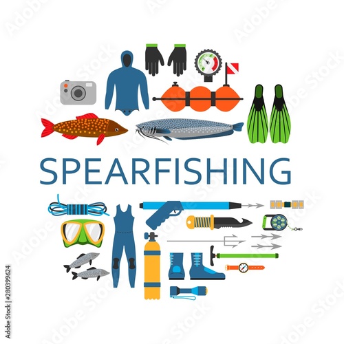 Spearfishing scuba diving underwater set of flat vector elements. Protective sea diver equipment and professional hunter spear fishing tools in circle isolated on white.