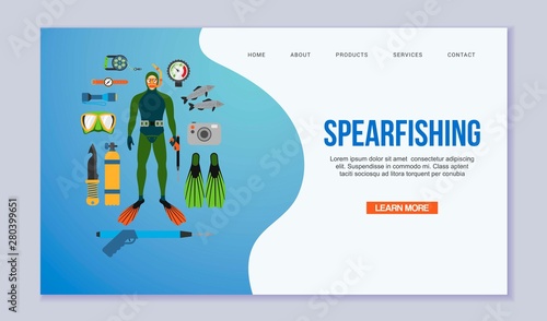 Spearfishing and diving vector illustration isolated on white. Scuba diver in a diving suit and fins, fish, spearfishing equipment. Swimming underwater web template.