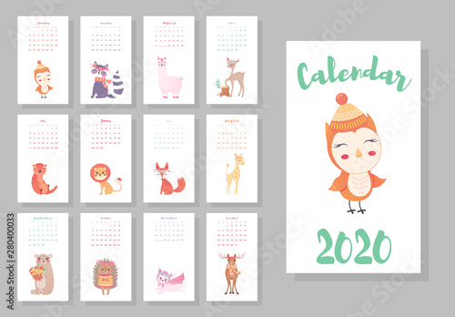 Calendar 2020. Cute monthly calendar with cute animals. Hand drawn style characters owl, raccoon, lama, deer, beaver, lion, fox, moose, bunny, bear, hedgehog, giraffe
