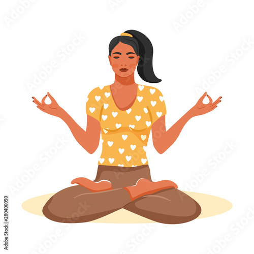 Young woman practicing yoga. Cute girl sitting in lotus posture and meditating. Cartoon vector illustration on white background.