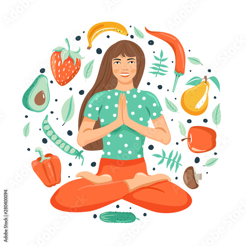 Healthy lifestyle concept. Attractive young woman practicing yoga. Set of vegetables and fruits. White background. Cartoon vector illustration.