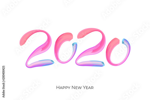Happy New Year colorful brushstroke number 2020. Christmas winter holidays white greeting card calendar brochure template design. Vector acrylic paint calligraphy lettering text illustration