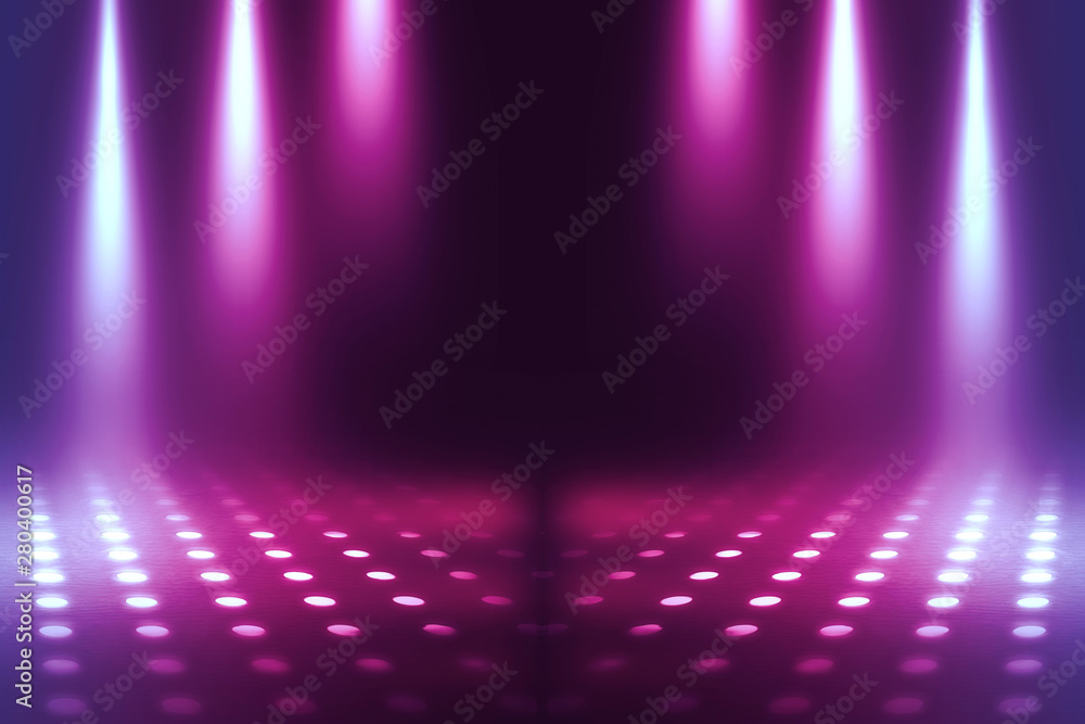 Obraz premium Empty background scene. Dark reflection of the street on the wet asphalt. Rays of blue and pink neon light in the dark, neon figures, smoke. Background of empty stage show. Abstract dark background.