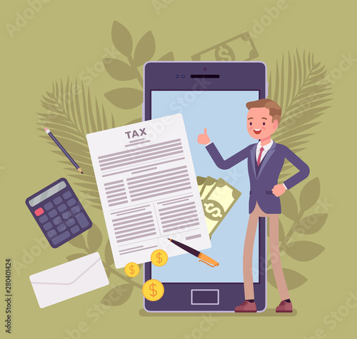 Mobile tax payment service for businessman. Male taxpayer making financial contribution via smartphone, employer calculating total income and earnings online, Vector flat style cartoon illustration