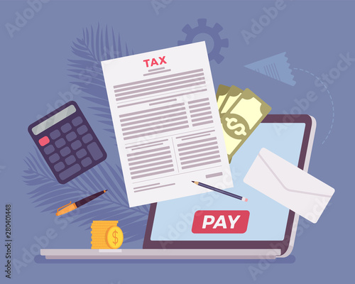 Online tax payment via laptop. Direct service for taxpayer with net-banking account, financial technology and business option for income calculation to simplify. Vector flat style cartoon illustration
