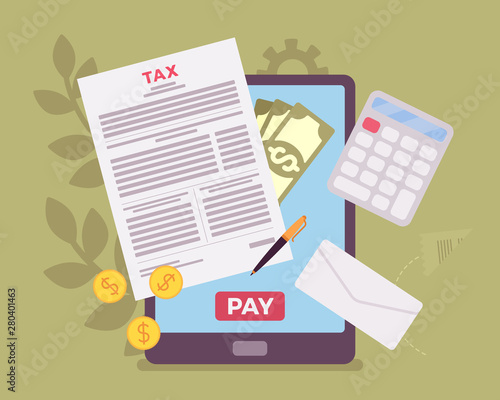 Online tax payment via tablet. Electronic service for taxpayers to pay individual income and business taxes, convenience e-Payment facilitates, mobile system. Vector flat style cartoon illustration