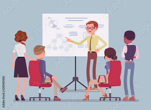 Business briefing in the office. Meeting for employees, new project information and instruction, managers brainstorming, negotiating about agreement or contract. Vector flat style cartoon illustration