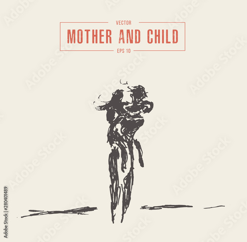 Mother and child running silhouette drawn vector
