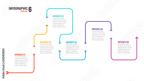 Timeline infographic thin line design label with arrow. Business concept with 6 options, steps. Vector illustration.