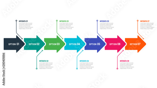 Timeline infographic template with 7 options, steps, arrows. Can be used for presentation,  process diagram. Vector illustration.