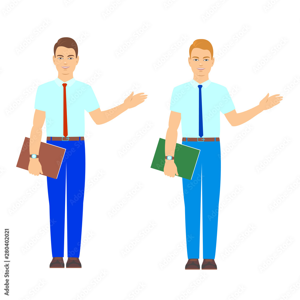 Young business men in a tie stand with a folder in his hand and point to the left. On the face a smile. Vector isolated illustration. Young business men in a tie stand with a folder in his hand and point to the left. On the face a smile. Vector isolated illustration.