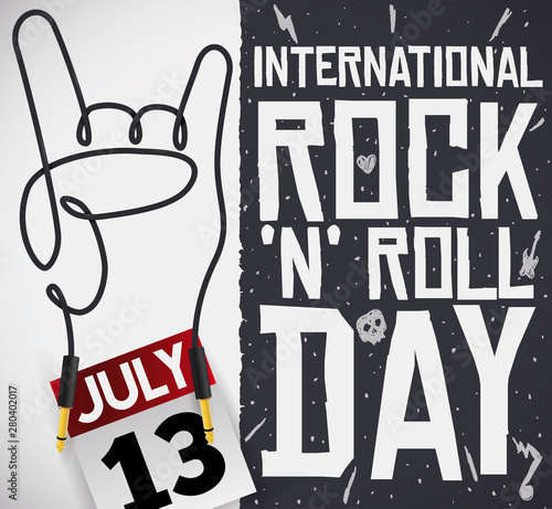 Horn Sign with Wire and Calendar for Rock "N" Roll Day, Vector Illustration