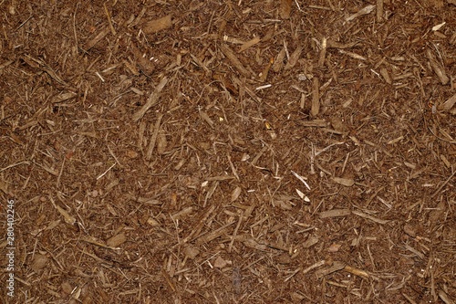 Dark brown wood chip mulch scattered thickly in a landscaped garden area.	 photo