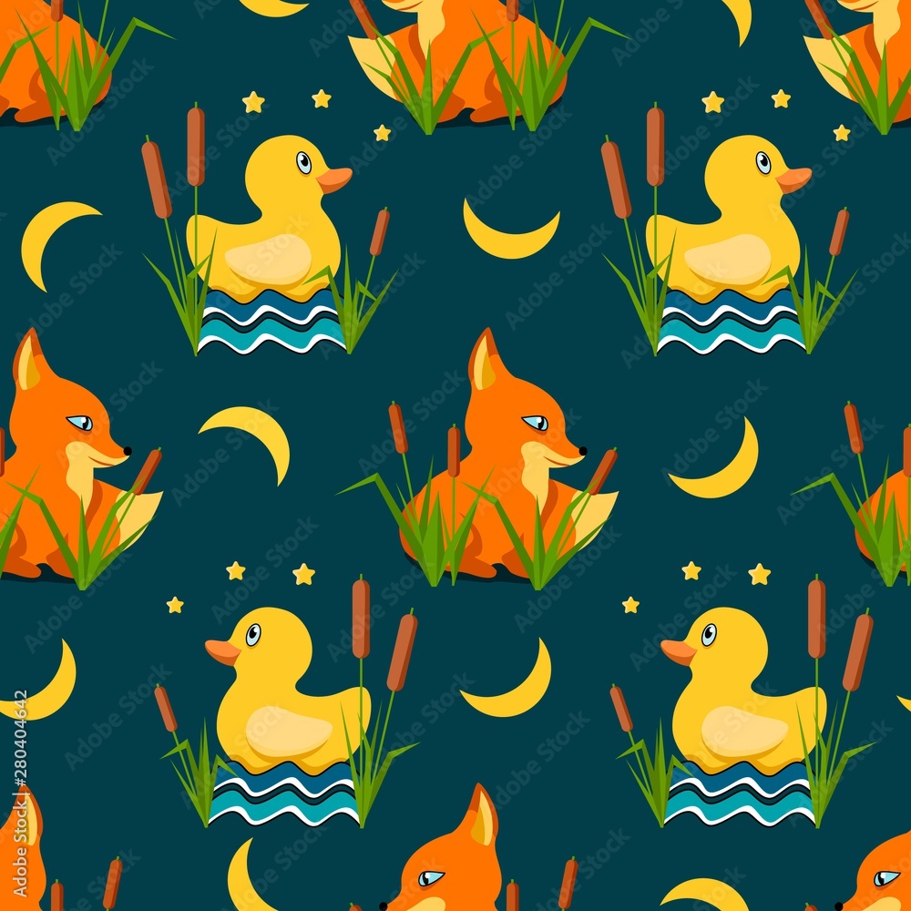 seamless background with a fox in ambush and a duck in the reeds seamless background with a fox in ambush and a duck in the reeds