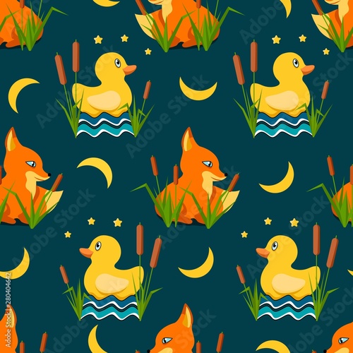 seamless background with a fox in ambush and a duck in the reeds