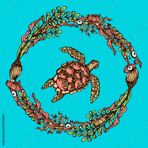 A wreath of seaweed, seashells and corals. Sea turtle. Vector image.