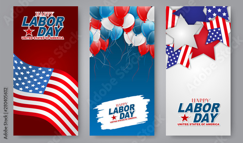 Happy Labor Day flyer or brochure set. Background design with USA national flag and blue, white, and red balloons. Vector illustration.