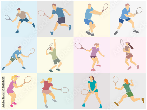 Set of male and female tennis players with racket. Colorful abstract cartoon bundle. Athlete in active pose. Contemporary applique or paper cut style. Vector illustration.