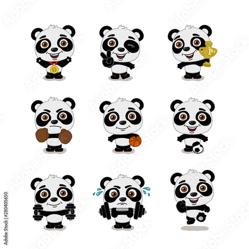Set of cute Panda bear athlete in different sports and with prizes isolated on white background © coolpay