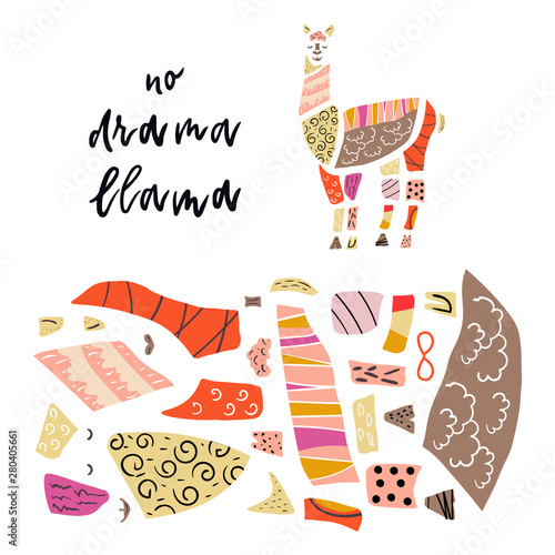 Set with paper cut pieces funny llama alpaca