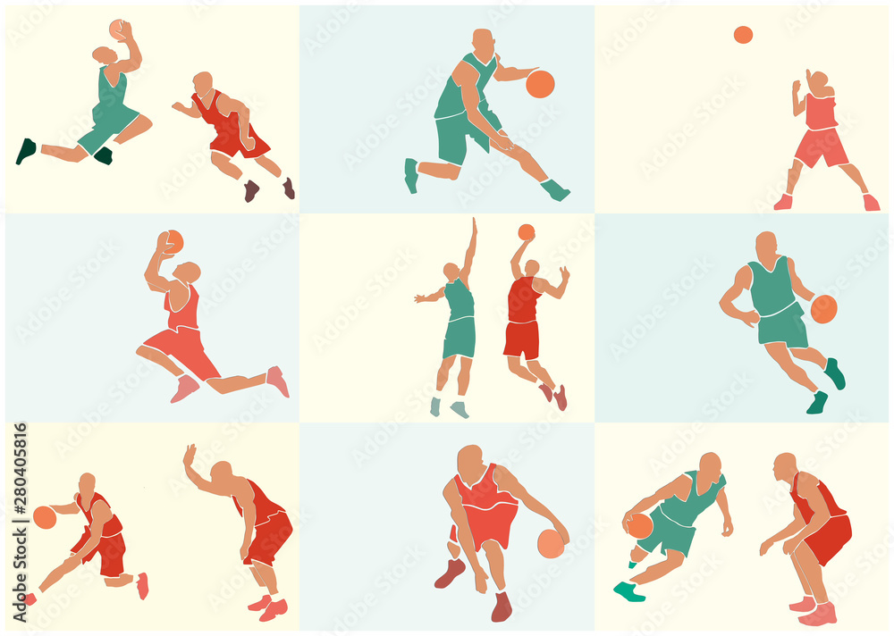 Set of basketball players. Single figure and two sportsmen. Sport concept bundle. Active poses. Applique or paper cut style. Colorful vector illustration.