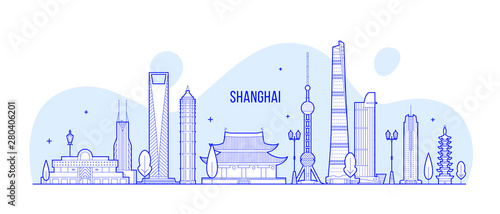 Shanghai skyline China buildings vector linear art