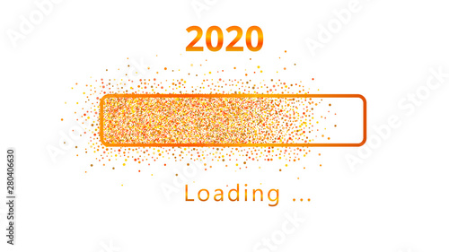 2020 New Year loading orange glitter progress bar with colorful confetti isolated on white background. Template design for holiday banner, poster, carnival, greeting card or invitation, end of year