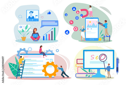 SEO SEM SMM SMO concepts. People using devices for advertising and optimizing websites and social network profiles. Using devices for increasing traffic. Flat modern vector illustration