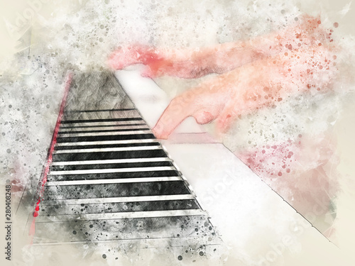 Abstract beautiful hand a woman playing keyboard of the piano foreground Watercolor painting background and Digital illustration brush to art.