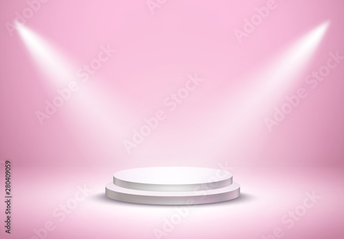 Podium and beams on pink studio room background. Realistic white circle plinth, pillar, pedestal or display stage. Vector prize empty platform stand with projector lights.
