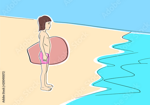 Little child with bodyboard stands on the beach by the sea. Vector bodyboarding flat illustration. Isolated black contour and colors.