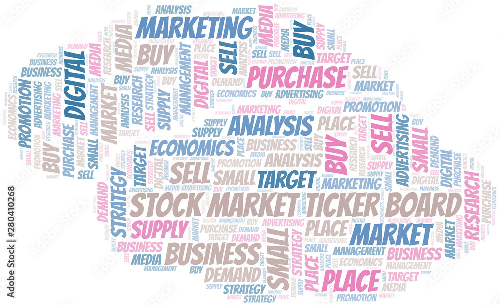 Fototapeta premium Stock Market Ticker Board word cloud. Vector made with text only.