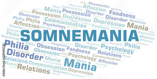 Somnemania word cloud. Type of mania, made with text only.
