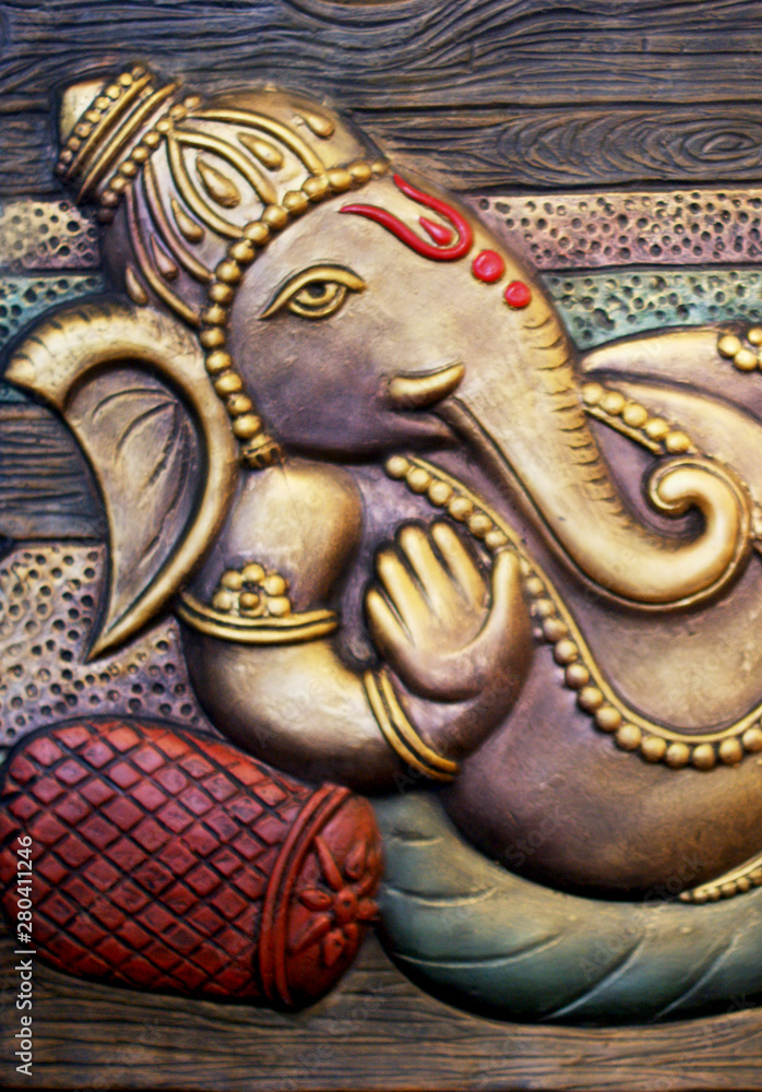 Closeup view of Hindu god Ganesha In blessing pose in a temple Closeup view of Hindu god Ganesha In blessing pose in a temple