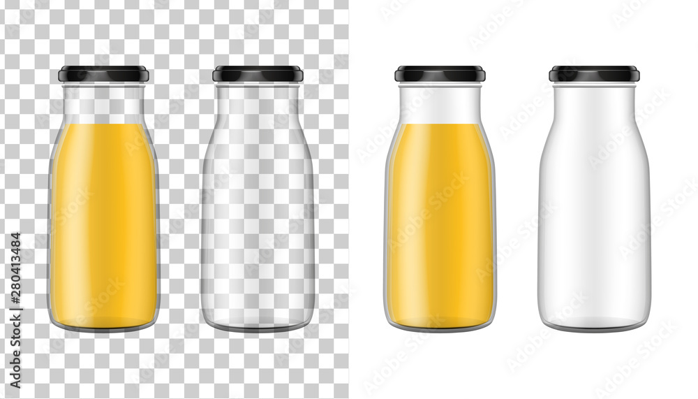 Vector realistic isolated image (mock-up, layout) of a transparent glass bottle: empty and with juice. EPS 10. Vector realistic isolated image (mock-up, layout) of a transparent glass bottle: empty and with juice. EPS 10.