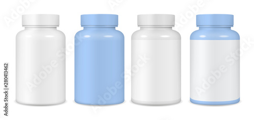 Set of vector realistic images of plastic packaging mockup(layout) for tablets (vitamins or cosmetics) in white and blue with a label and without a label. EPS 10.