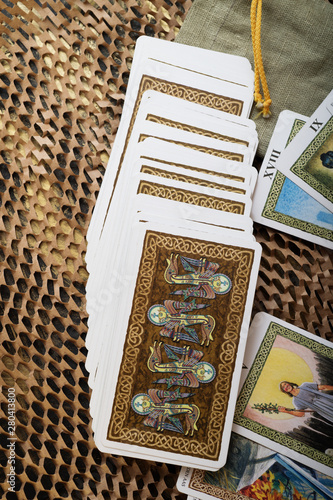 Tarot cards with bag . studio shot