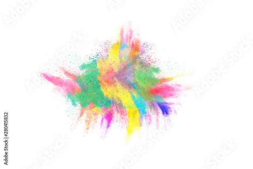 Freeze motion of colorful color powder exploding on white background.  Paint Holi. © piyaphong