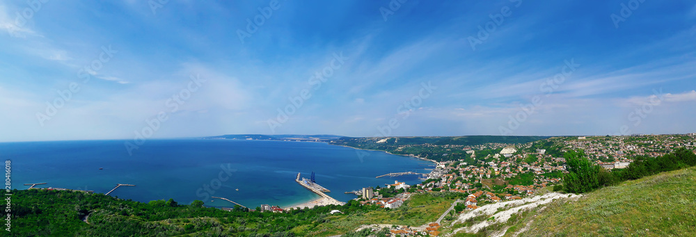 Beautiful panorama of the coast of the Black Sea in Balchik city, Bulgaria. Holiday journey, travel concept