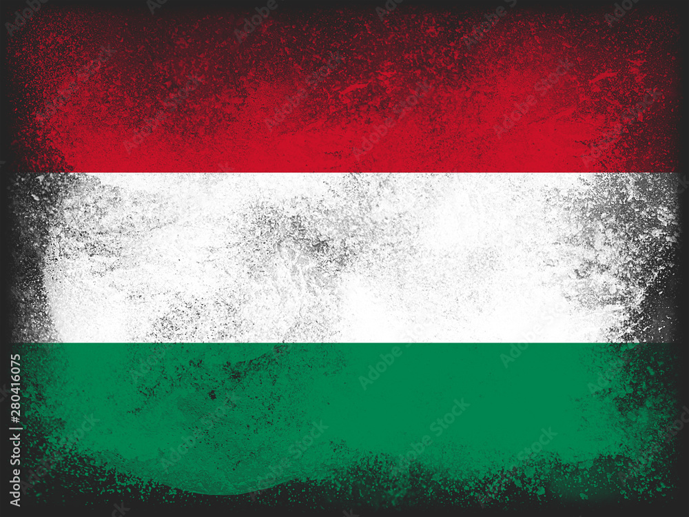 Hungary Flag design composed of exploding powder and paint isolated on a black background. Colorful abstract dust particles explosion. Euro 2024 football symbol for printing