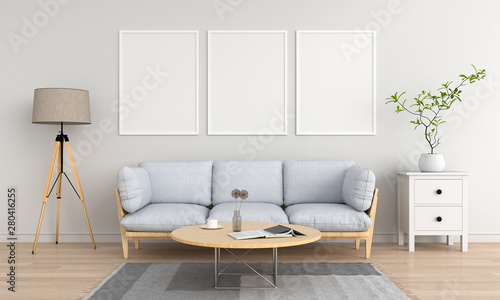 Three empty photo frame for mockup in living room, 3D rendering