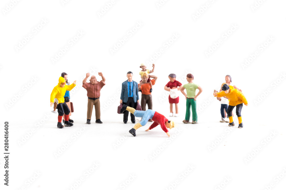 Break dancing in front of a crowd, Miniature People Break dancing in front of a crowd, Miniature People