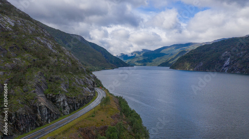 View on beautiful landscape with water of fjord and mountains at sunny summer day, Akrafjorden, Hordaland,Hardangervidda, Norway