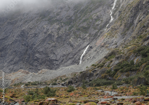 Green valley,moss and stones and Mountain in Franz Josef Glacier, New Zealand South Island