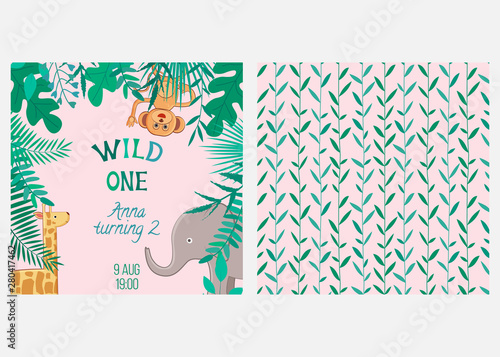 Vector illustration with cartoon animals and inscription Wild One and seamless pattern with leaves. For birthday, baby shower or party invitation, nursery baby room poster, print design.