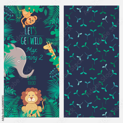 Vector illustration with cartoon animals and inscription Let's Get Wild and seamless pattern with leaves. For birthday, baby shower or party invitation, nursery baby room poster, print design.